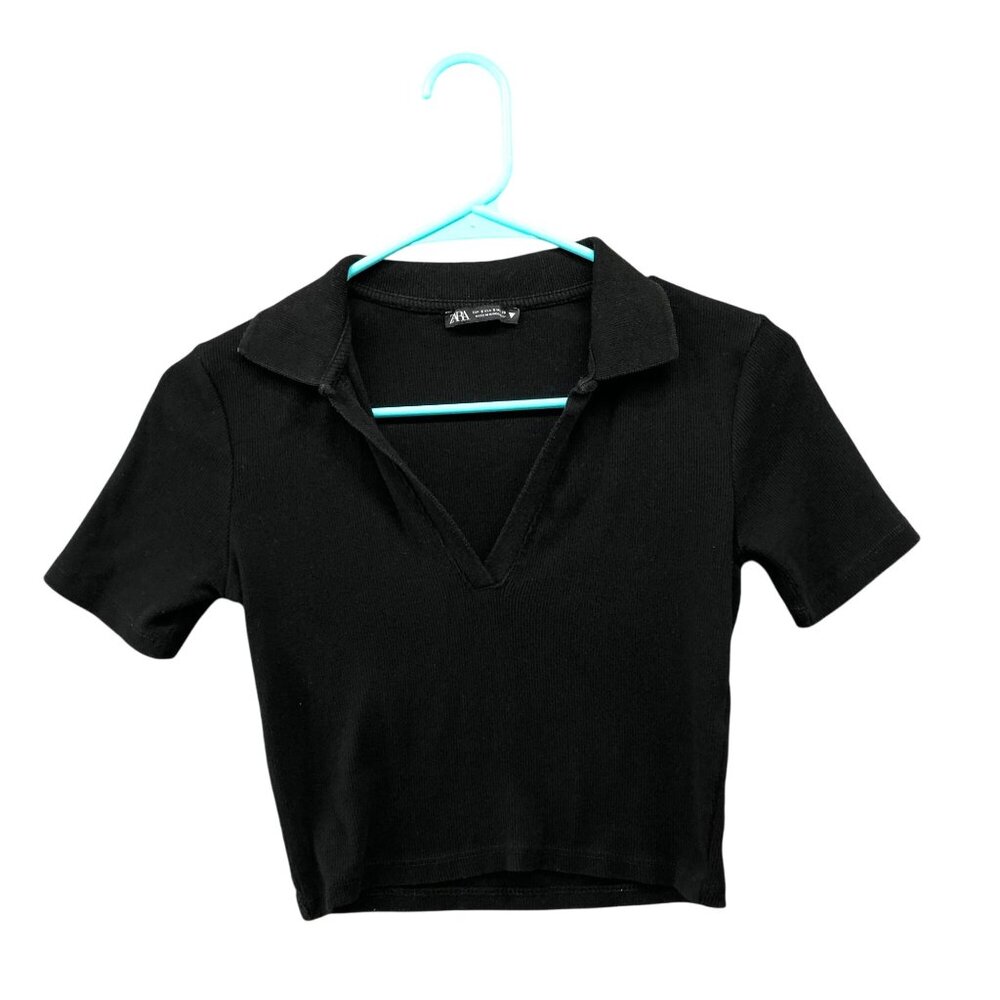 Zara Short Sleeve Ribbed Crop Top Womens S Black Collared Split‎ Neck Stretch
